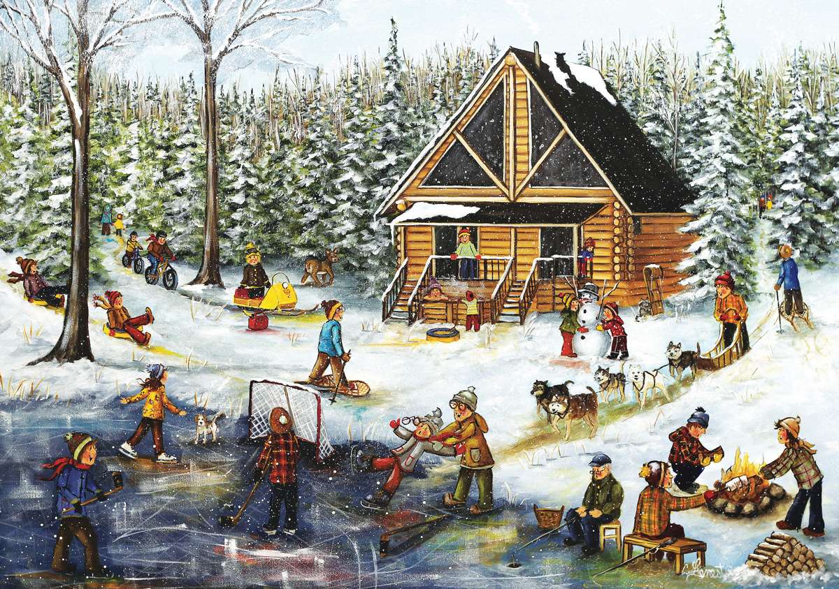 魅力的な丸太小屋で子供たちの冬の楽しみ ジグソーパズルオンライン