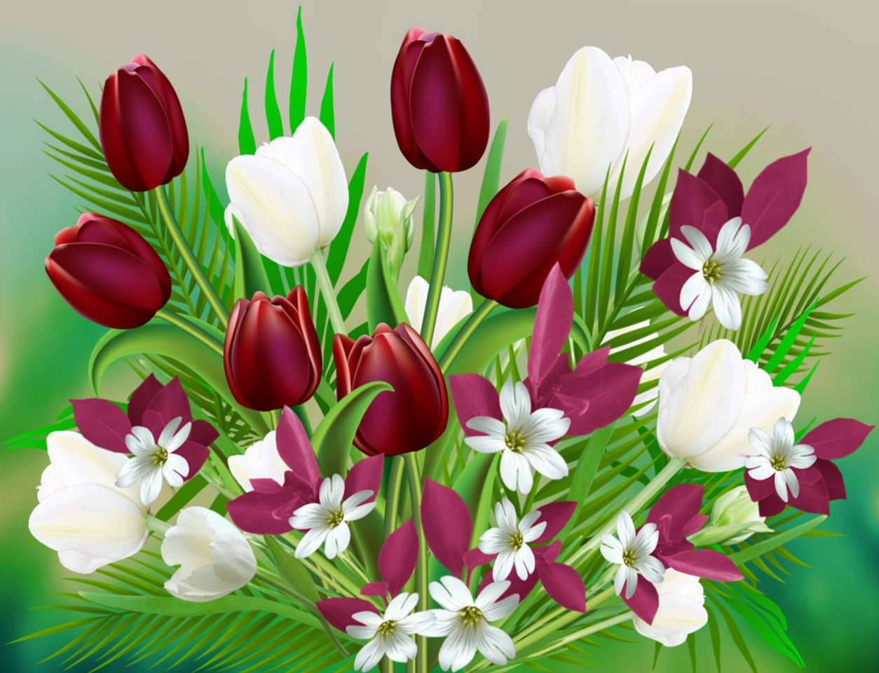 Boeket paarse en witte tulpen online puzzel