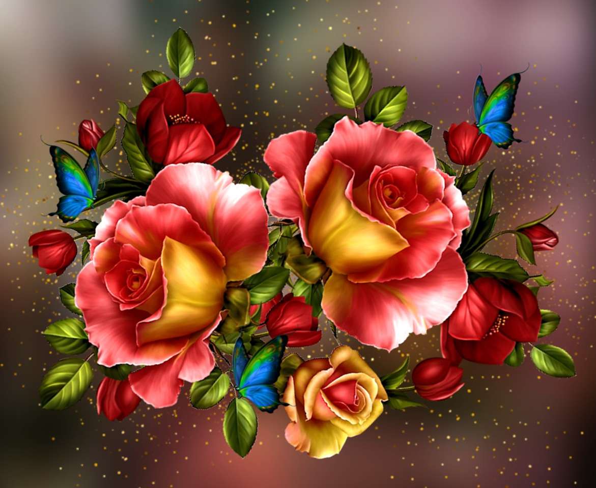 Vackra rosor och blå fjärilar pussel på nätet