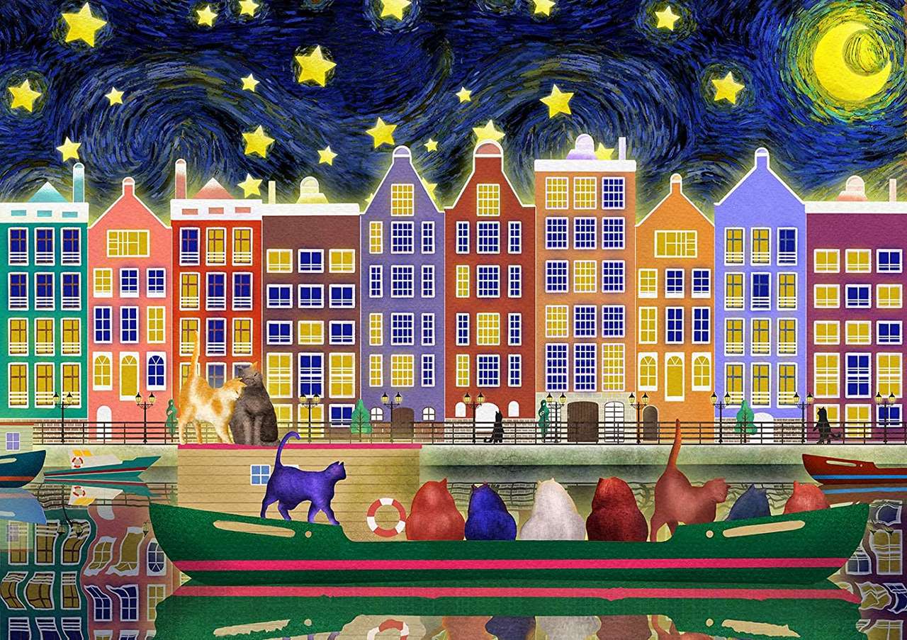 A canal, cats, night jigsaw puzzle online