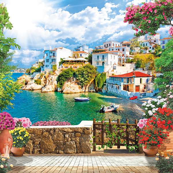 Griechenland, eine Terrasse mit herrlicher Aussicht, ein Traum für Touristen Puzzlespiel online