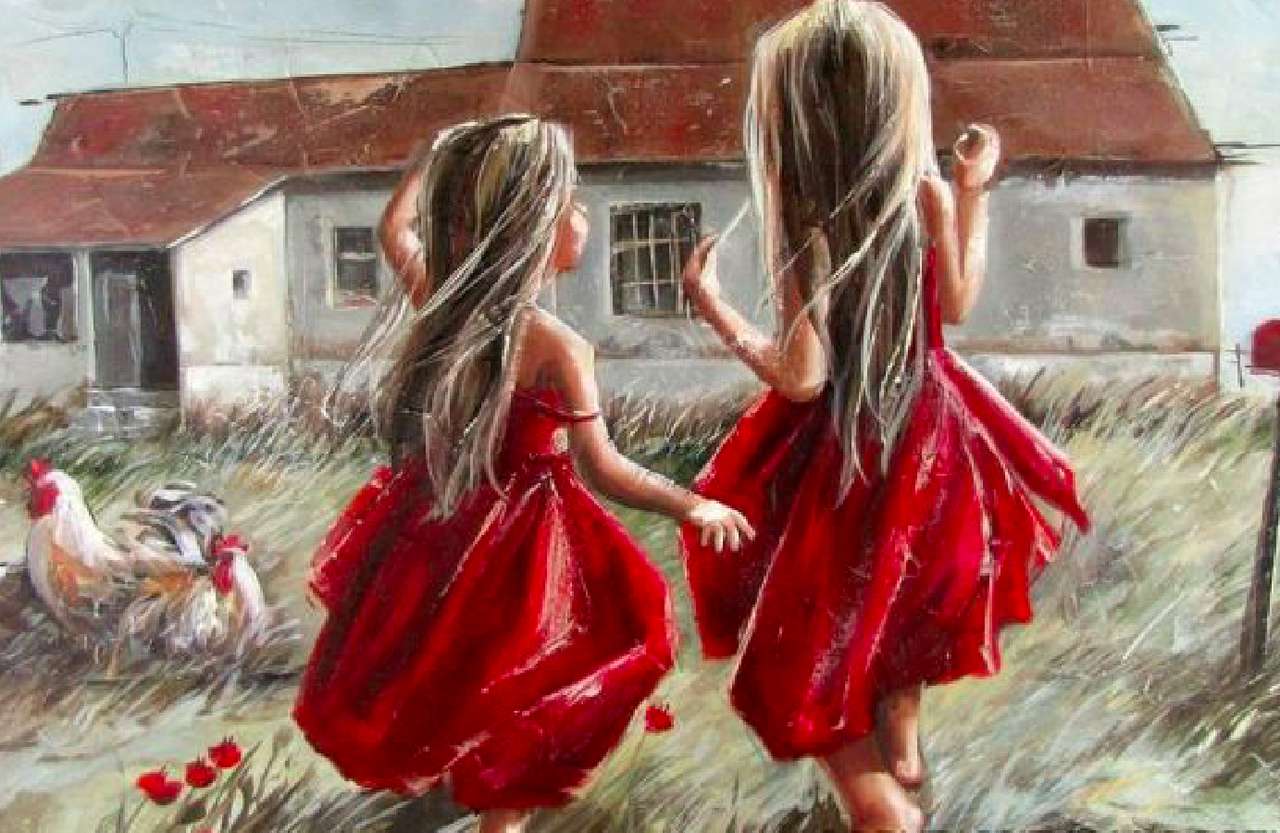 Маленькі дівчатка в червоних сукнях пазл онлайн