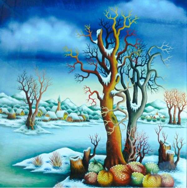 Holé stromy v zimě a zimní ovoce online puzzle