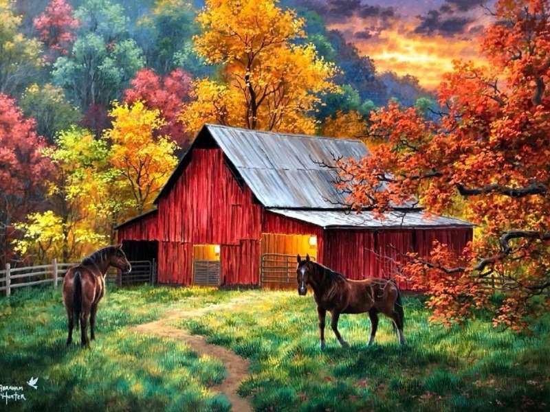 Autumn sunset over the barn online puzzle