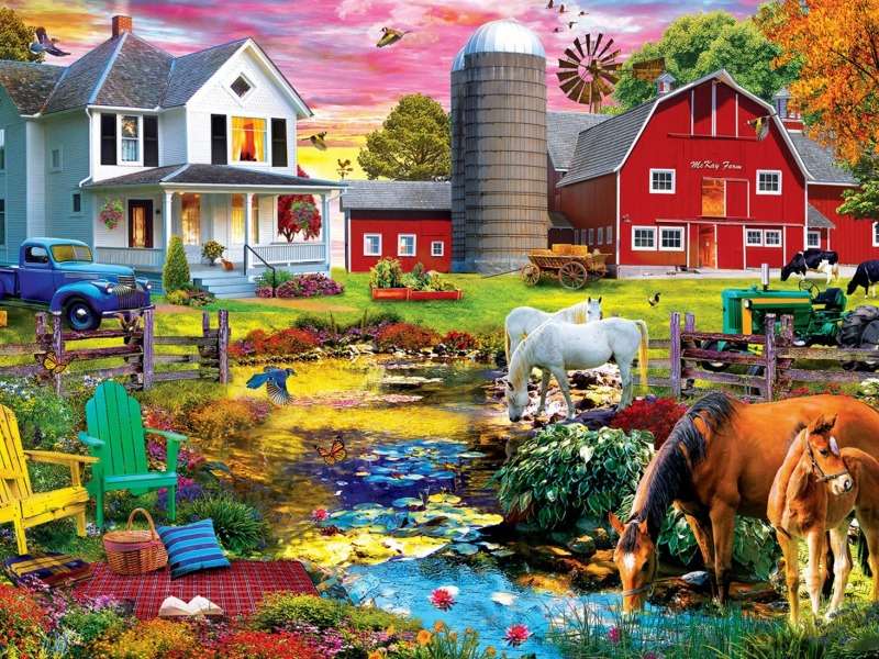 Picknick auf dem Bauernhof, schöne Aussicht Puzzlespiel online
