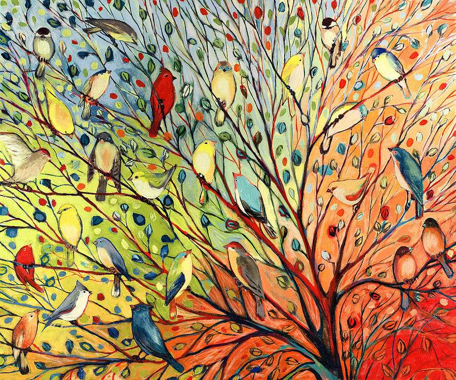 Різнокольорові птахи на кольоровому дереві онлайн пазл