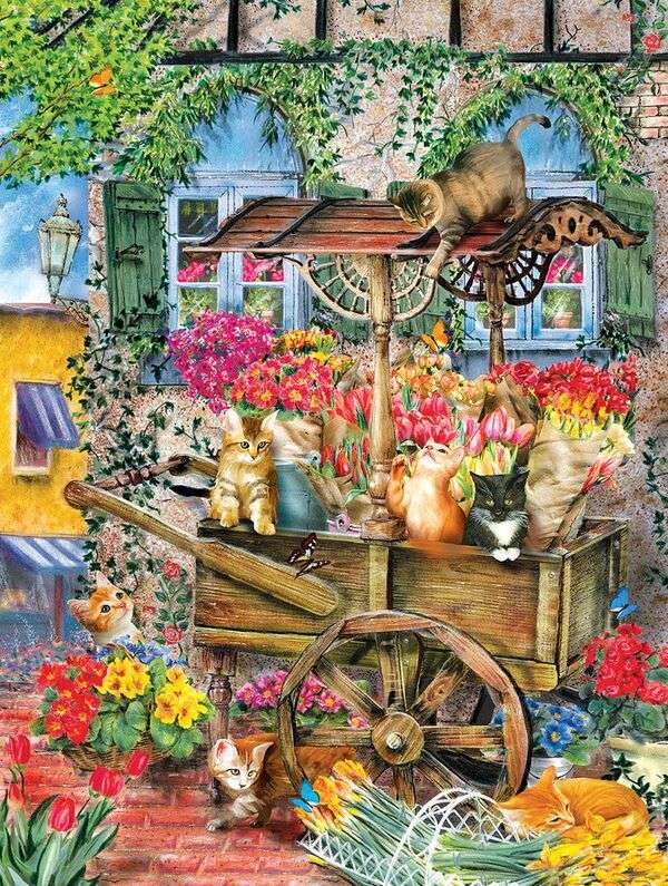 Gatitos en carreta con flores #218 rompecabezas en línea