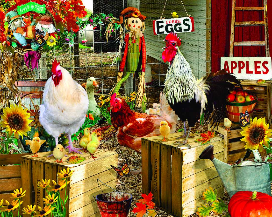 Pui, cocoși, găini la fermă jigsaw puzzle online