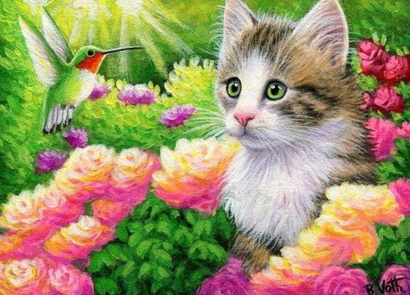 Kitten kijken naar een kolibrie #220 legpuzzel online