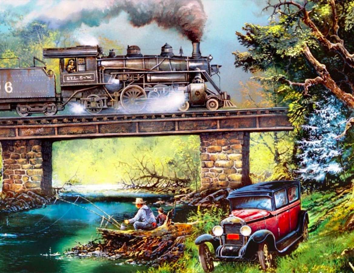 Sooooo old bridge, steam locomotive, car online puzzle