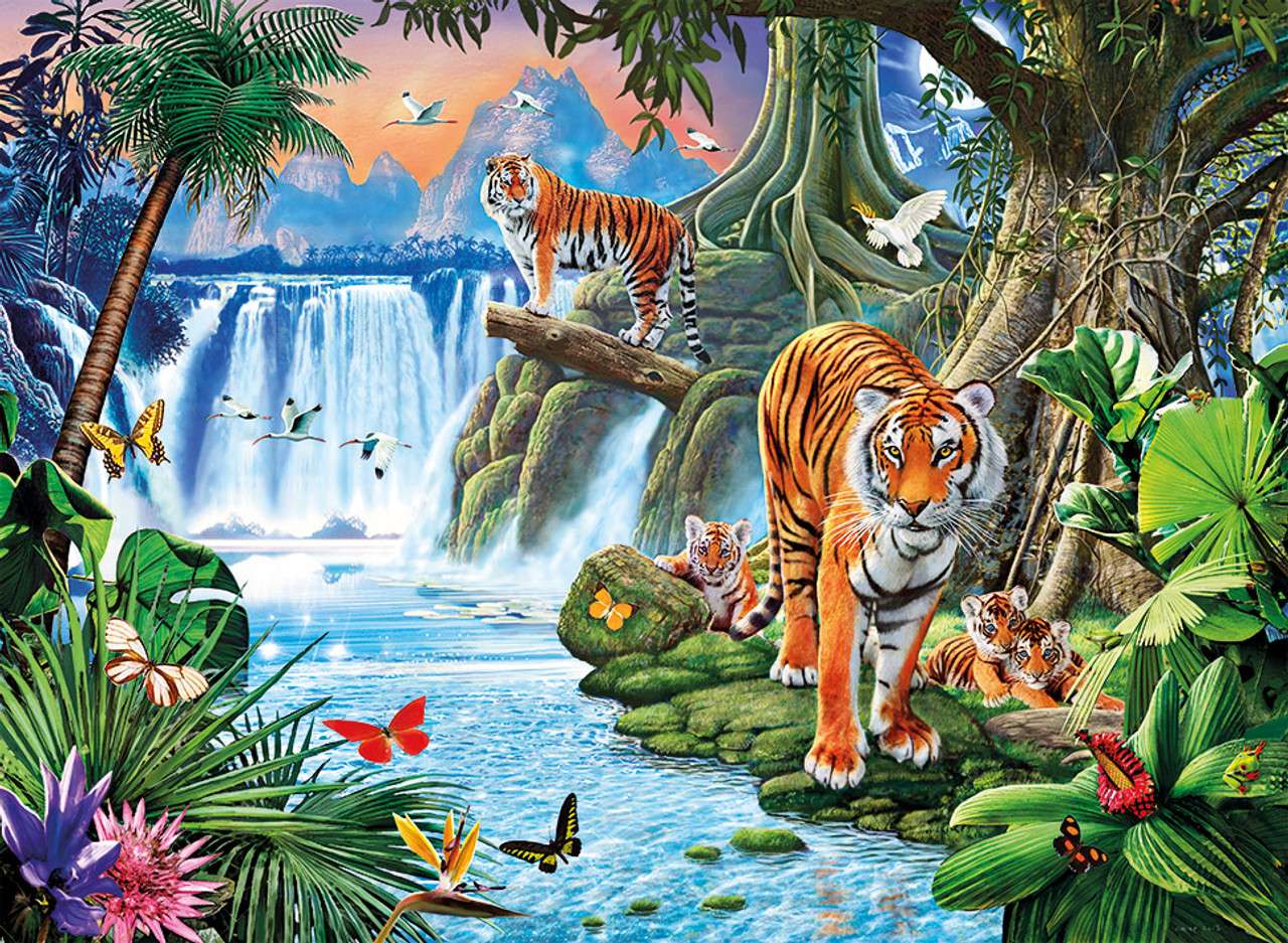 Tigers and a waterfall jigsaw puzzle online