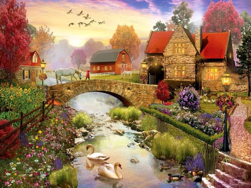 Házak egy szép kis hídon és egy kis folyón online puzzle
