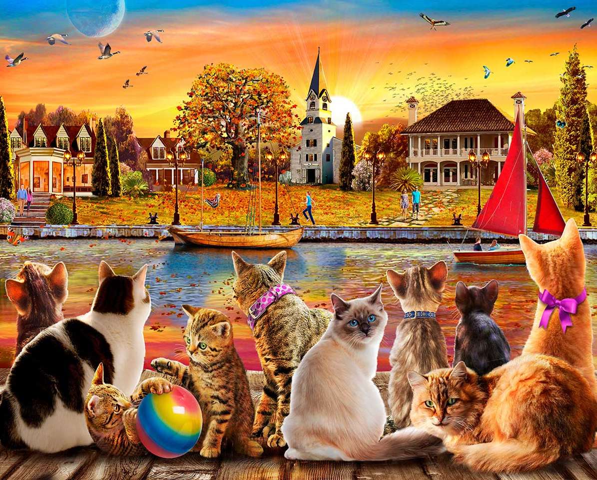Een stad aan de rivier en starende katten legpuzzel online