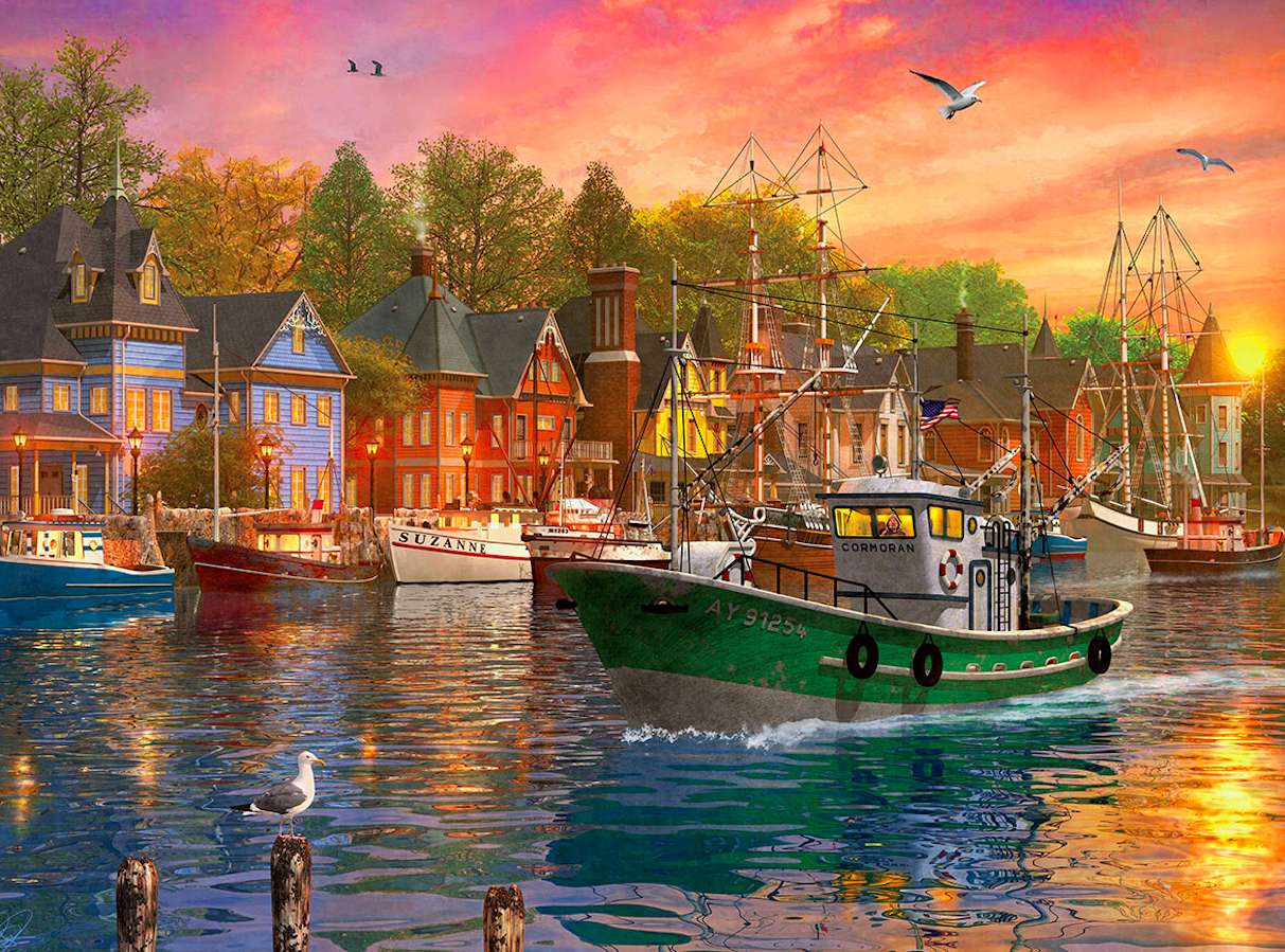 Soarele apune în port, priveliște frumoasă jigsaw puzzle online