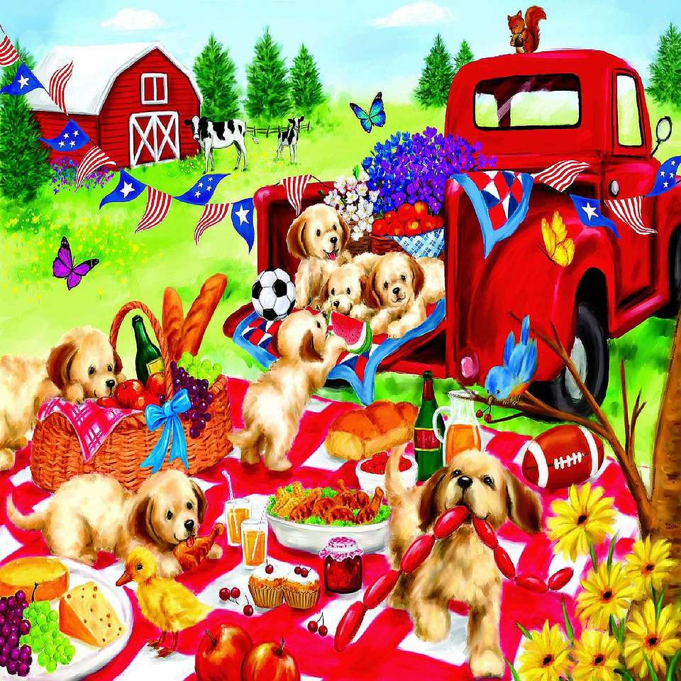 Puppies love picnics too :) online puzzle