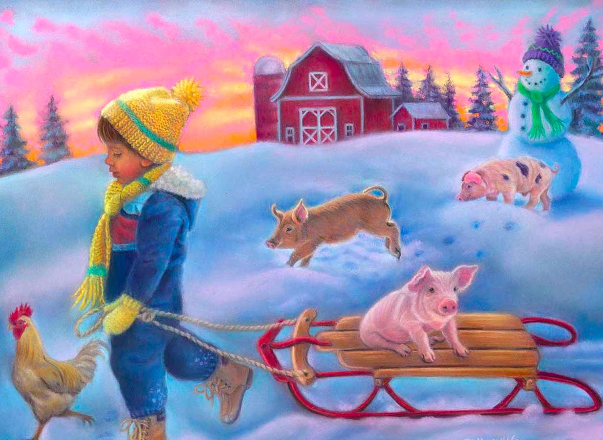 Розваги на снігу з сільськогосподарськими тваринами онлайн пазл