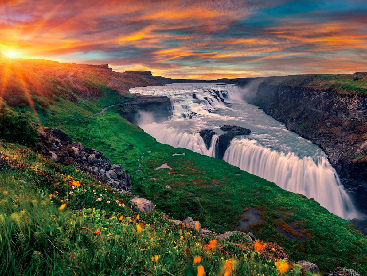 Island-Gullfoss vattenfall vid soluppgång-mirakel Pussel online