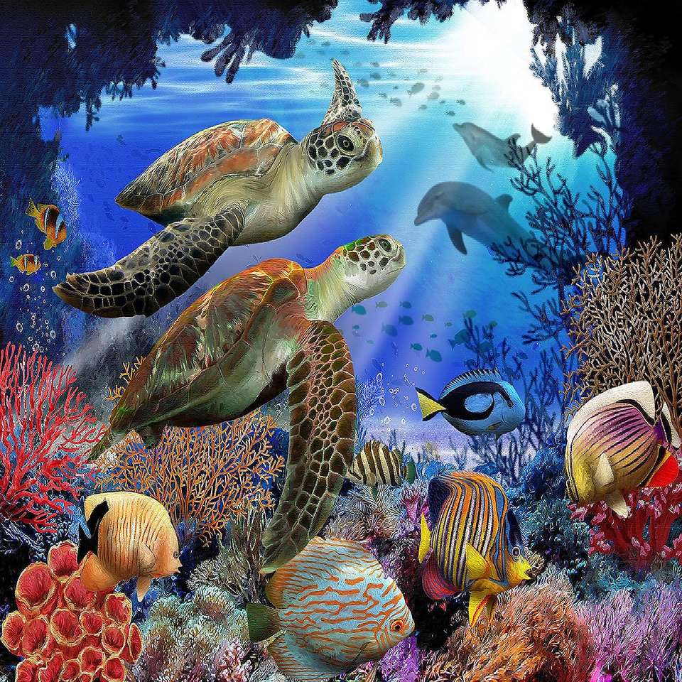 Жители океана - черепахи, дельфины, рыбы, кораллы пазл онлайн