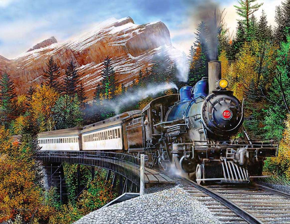 Train à vapeur, au bord de la montagne sur un pont suspendu puzzle en ligne