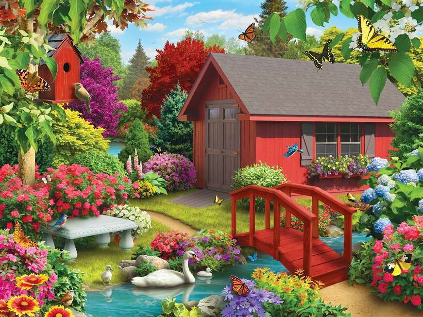 Rotes Haus in Blumen Online-Puzzle