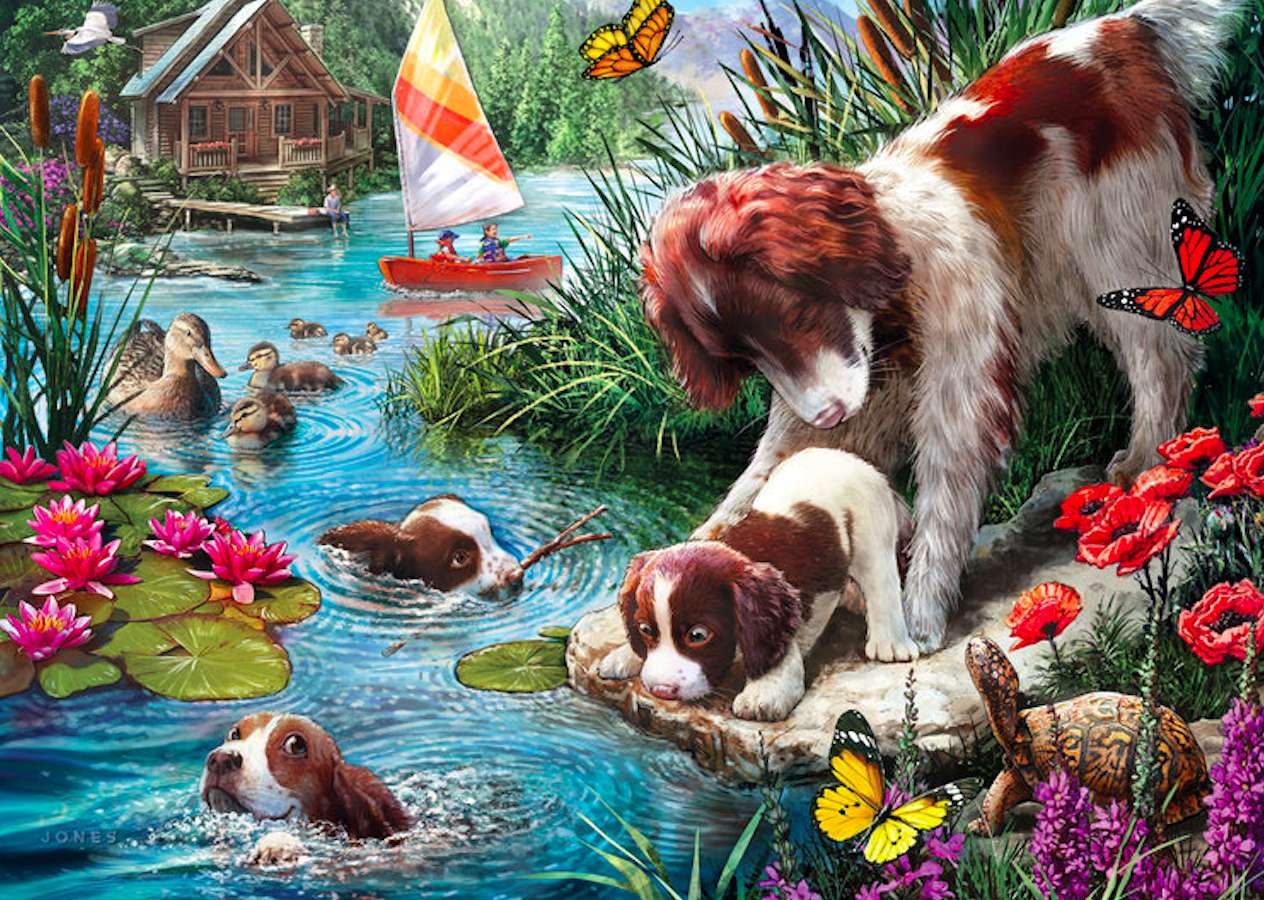 Учимся плавать и выживаем :) бдительная мама-собака пазл онлайн