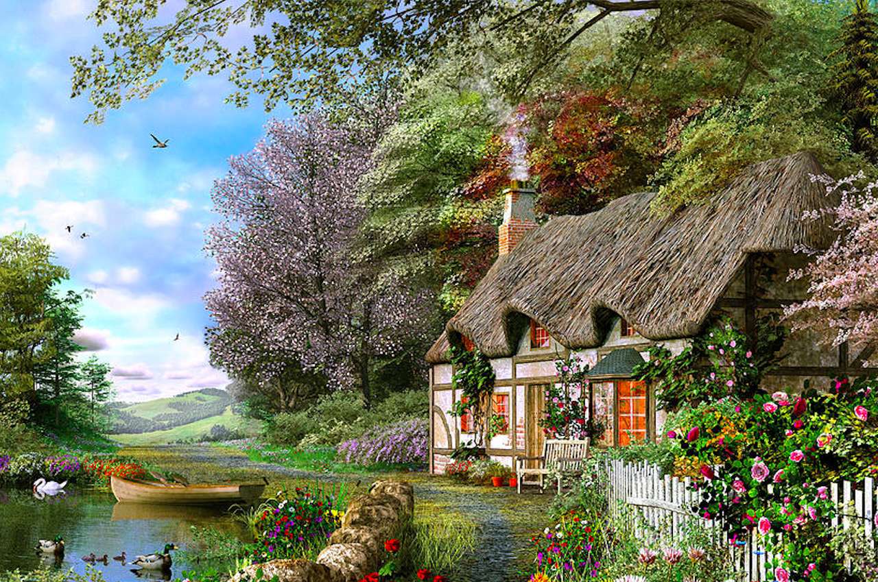 Mesebeli hely a tó mellett, csodálatos a szépsége online puzzle