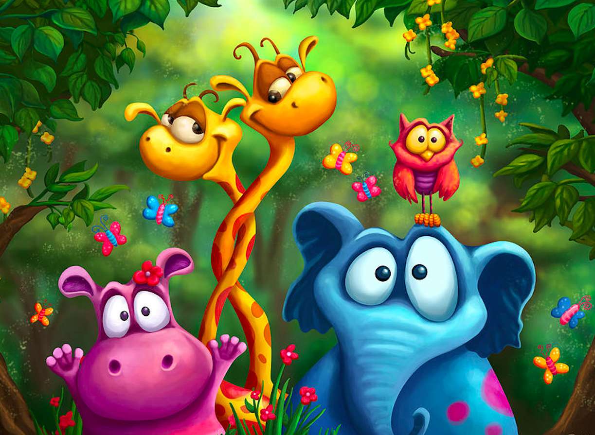 Cuvinte hipopotami, elefant, girafă, animale din junglă jigsaw puzzle online