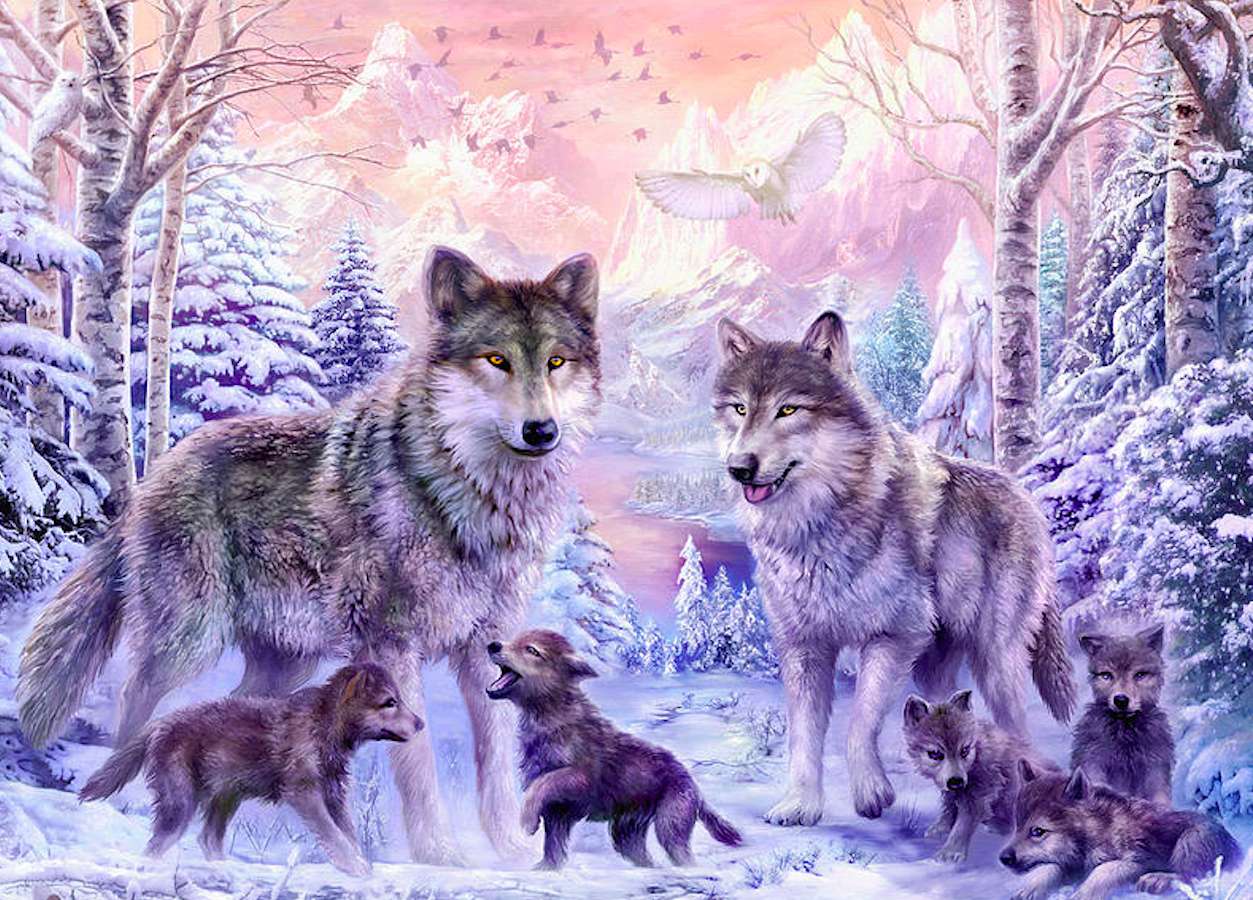 シベリアの森のオオカミの家族、美しい光景 ジグソーパズルオンライン