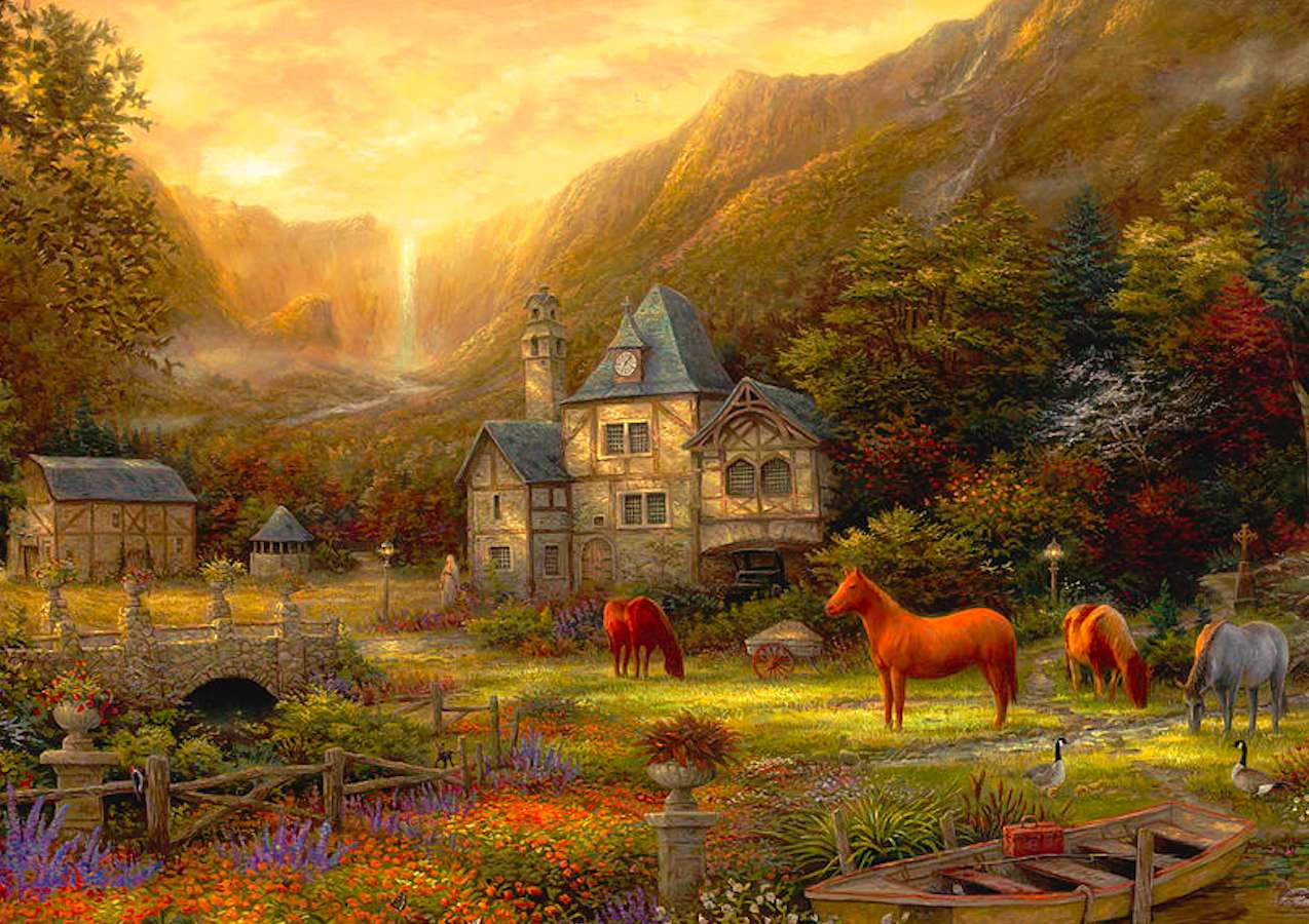 Eenzame boerderij in de vallei bij zonsopgang online puzzel