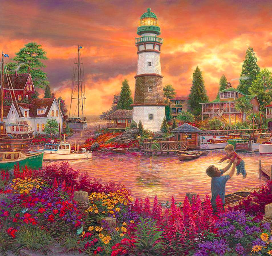 Eine schöne Bucht voller Blumen mit einem Leuchtturm Online-Puzzle