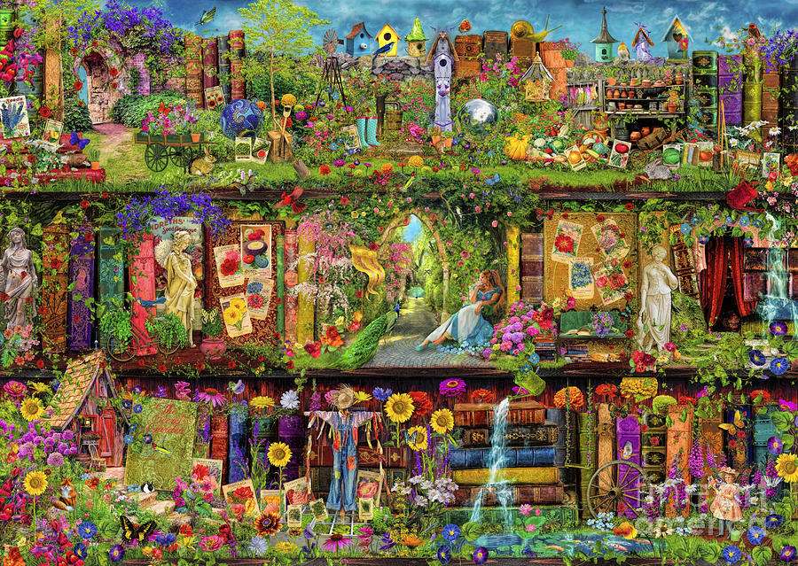Színekkel teli kerti könyvespolc online puzzle