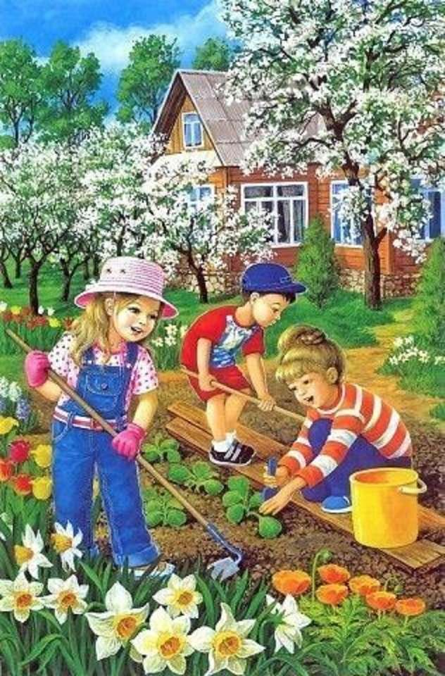 Děti pracují na zahradě online puzzle
