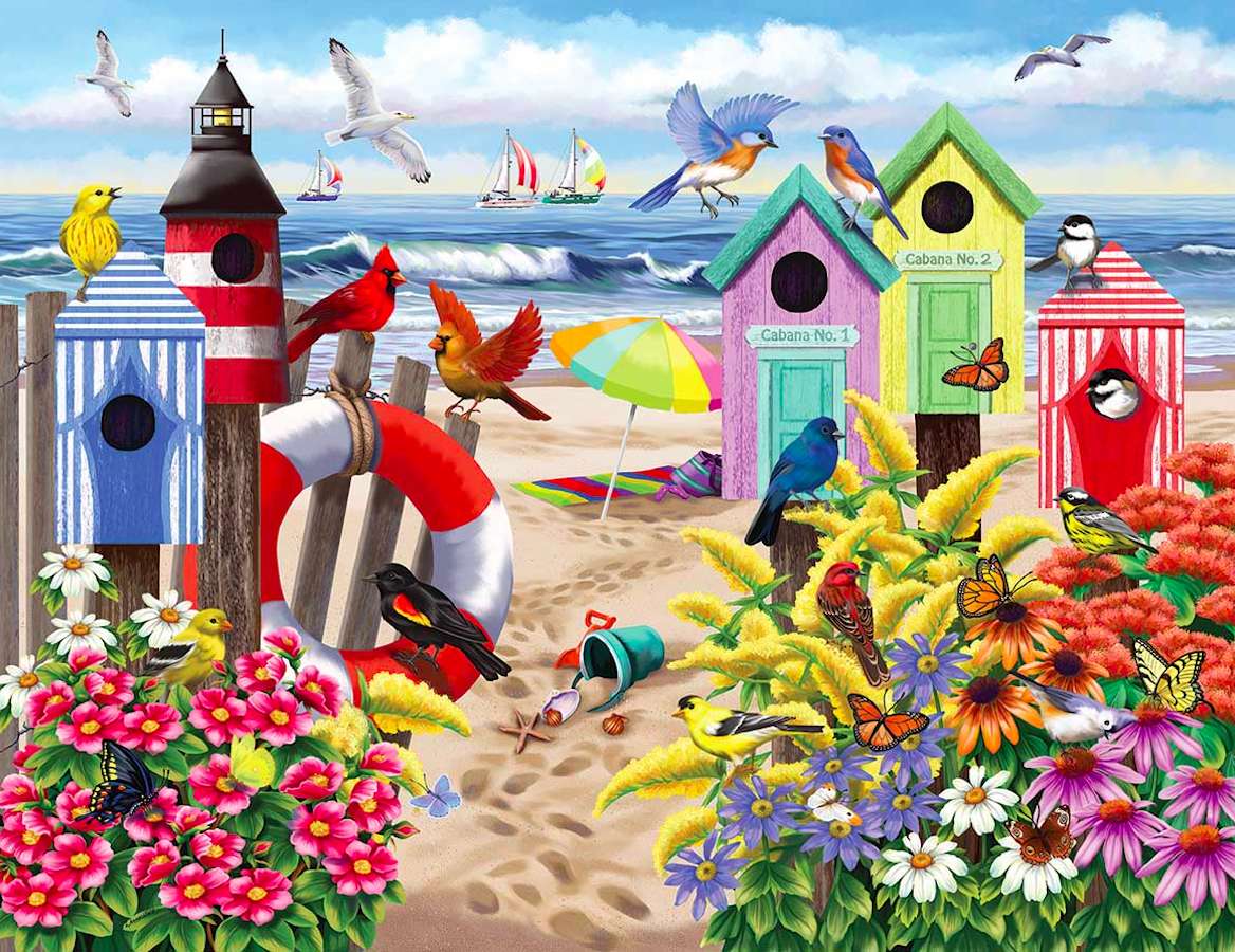 Къщички за птици на плажа :) онлайн пъзел