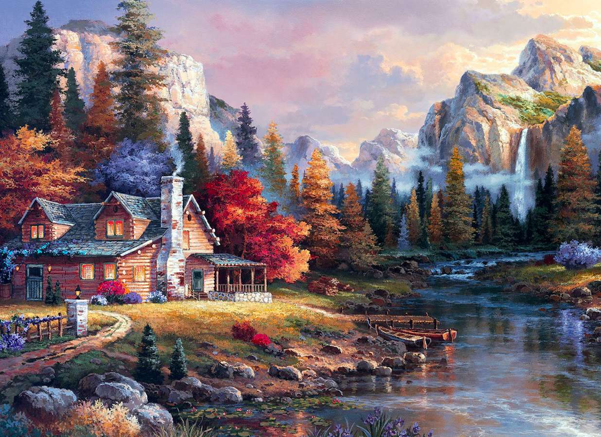 Schönes Haus oberhalb des Wasserfalls in den Bergen Puzzlespiel online