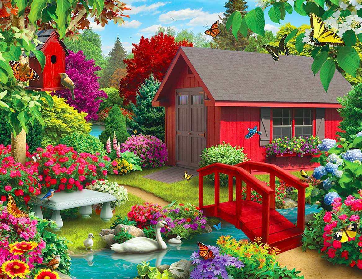 Uma casa vermelha, uma ponte, um lindo jardim, que vista quebra-cabeças online