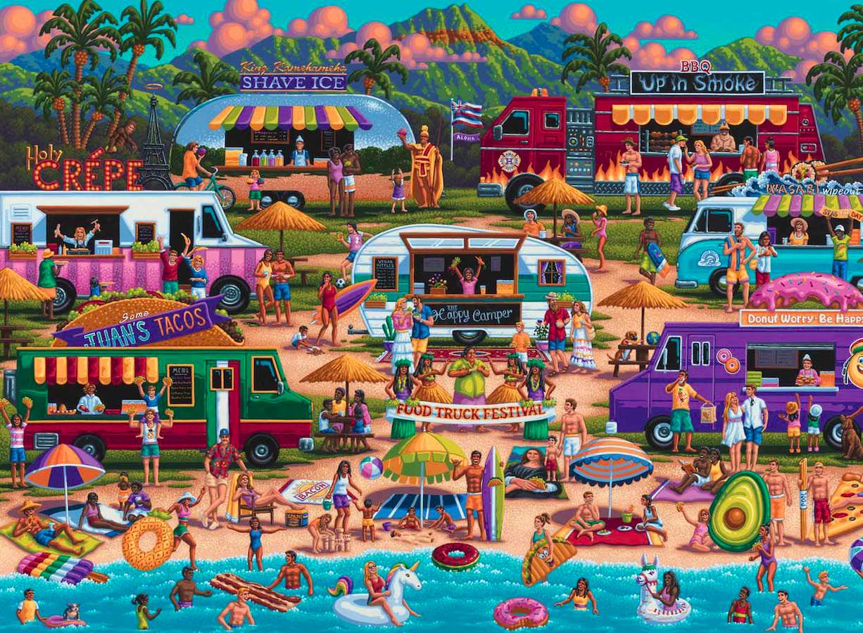 Un miting de food-trucks din acei ani pe plajă puzzle online