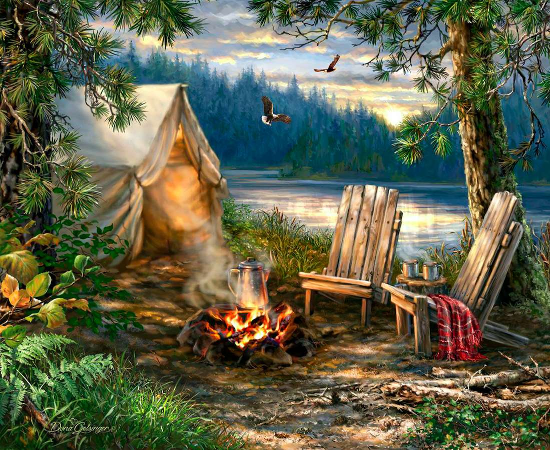 En camping vid sjön, charmig atmosfär Pussel online