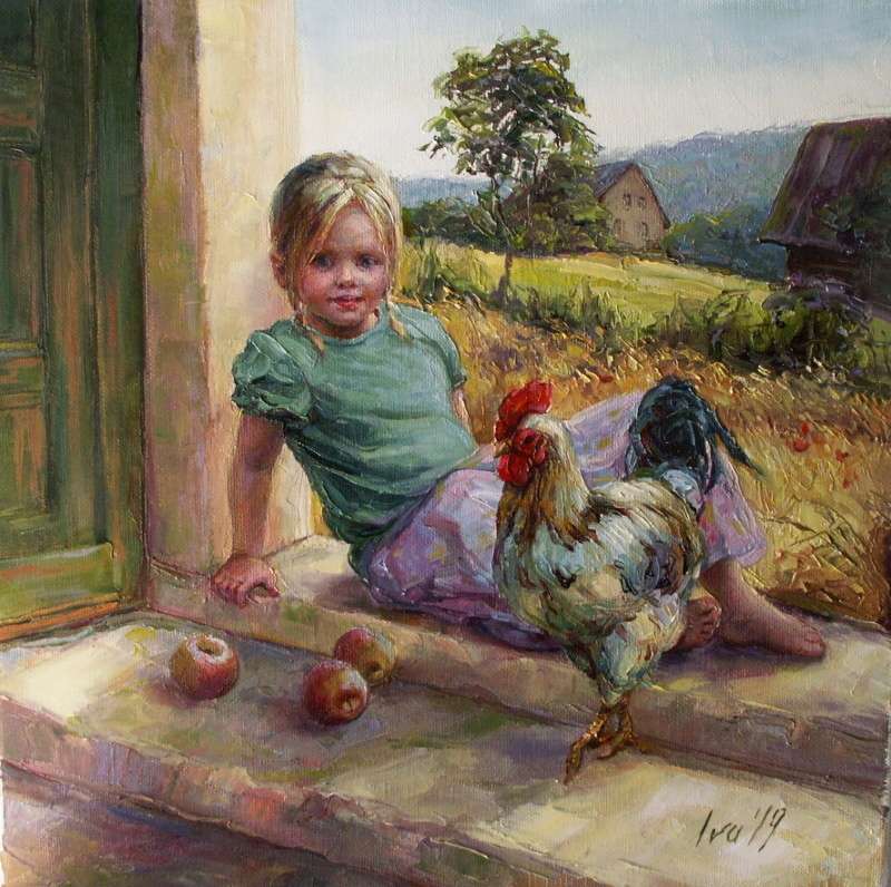 Little girl with a rooster jigsaw puzzle online