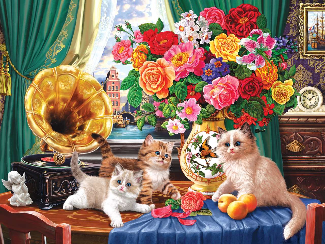 Котенца и пъстри цветя онлайн пъзел