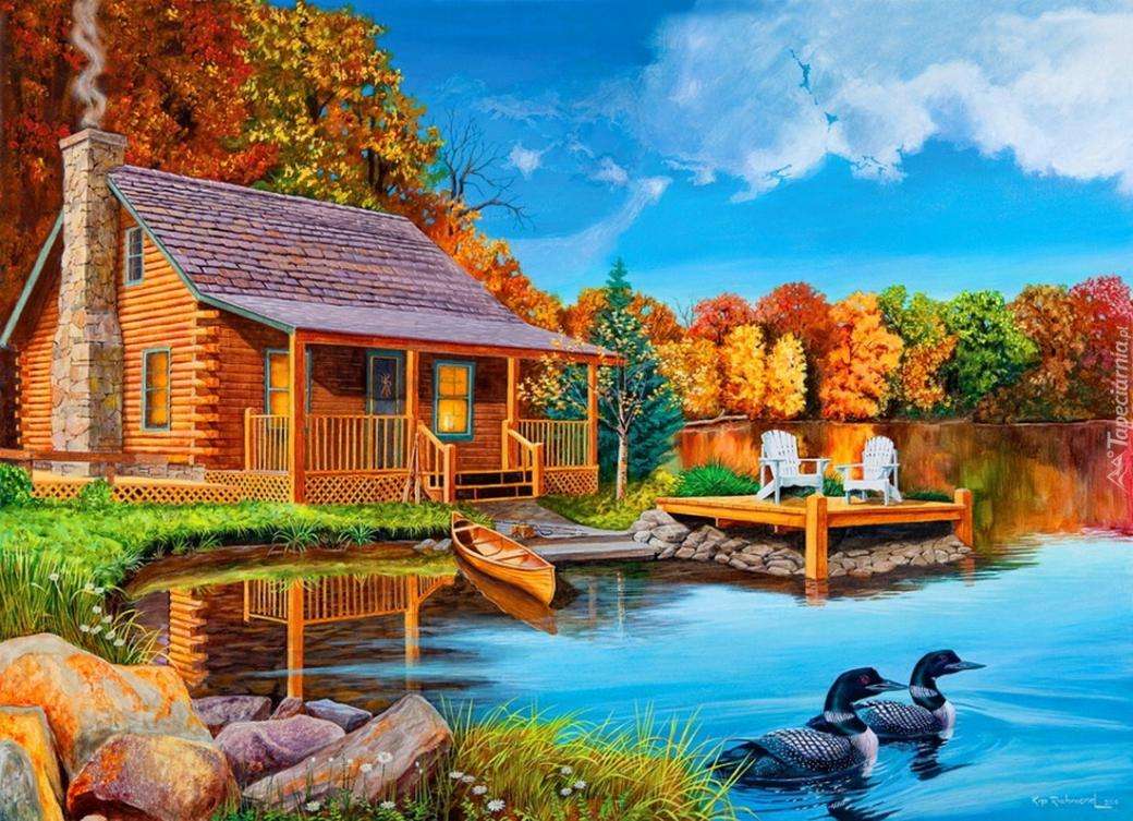 Un chalet au bord du lac à l'automne puzzle en ligne