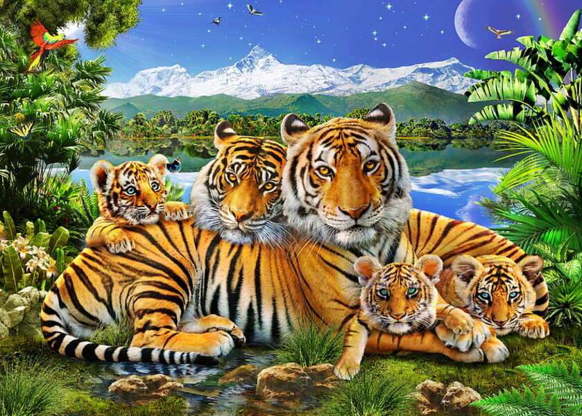 Семья тигров в лесу онлайн-пазл
