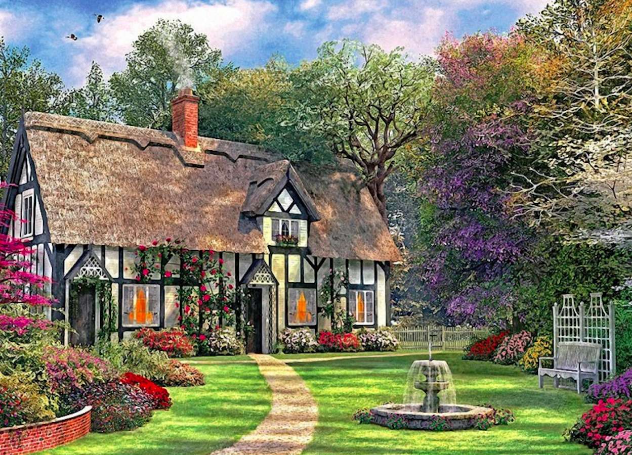 Szökőkút egy gyönyörű kertben online puzzle