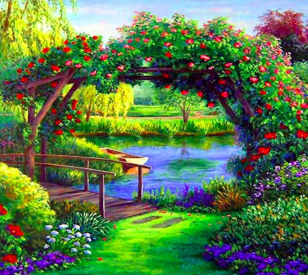 Un charmant coin jardin au bord d'une rivière puzzle en ligne