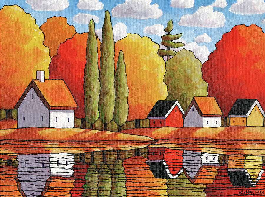 Рисуване на есенно село край езерото онлайн пъзел