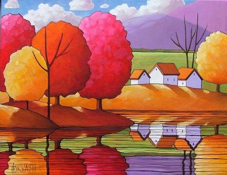 Рисуване на есенно село край езерото онлайн пъзел