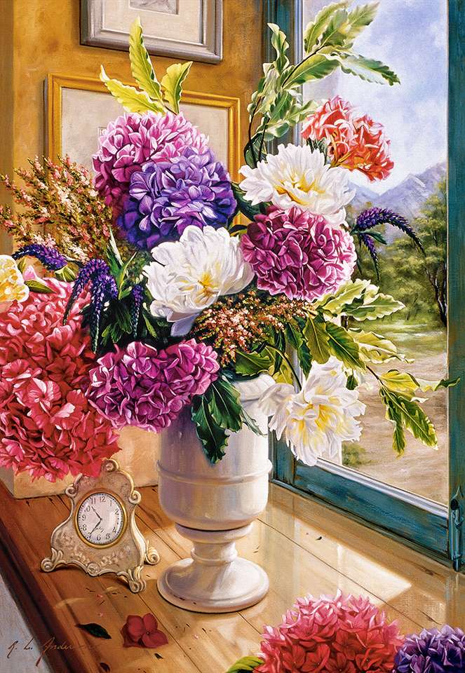 Цветя, изрязани на перваза на прозореца онлайн пъзел