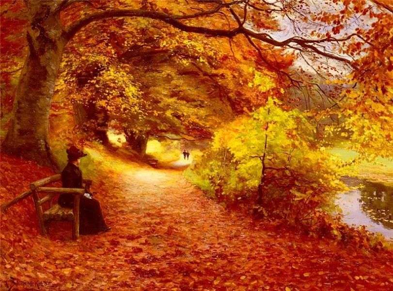 Золота осінь у парку зі ставком онлайн пазл