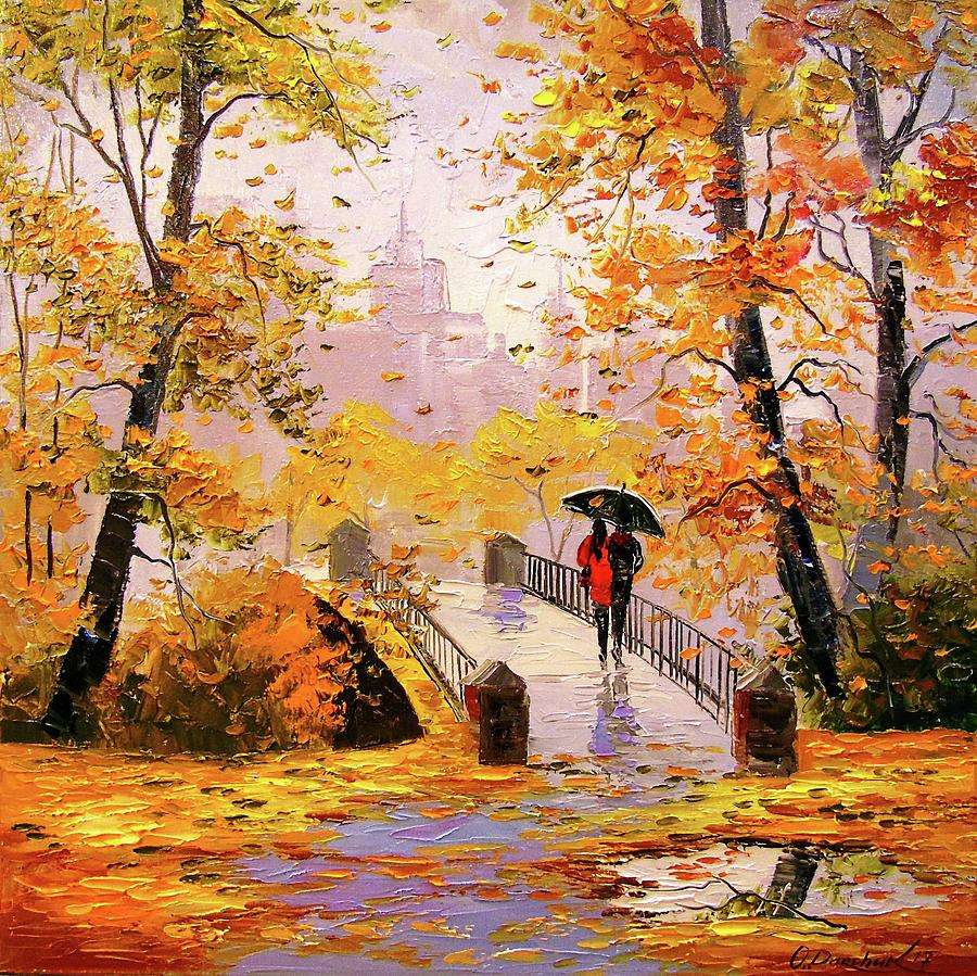 Malování podzimní procházky v dešti skládačky online
