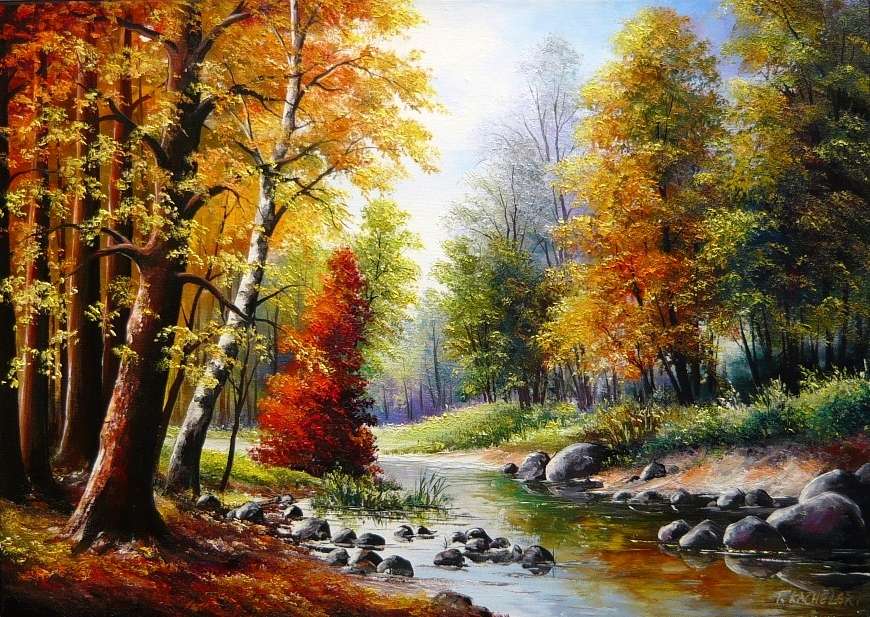 Pintando a paisagem de outono com rio puzzle online