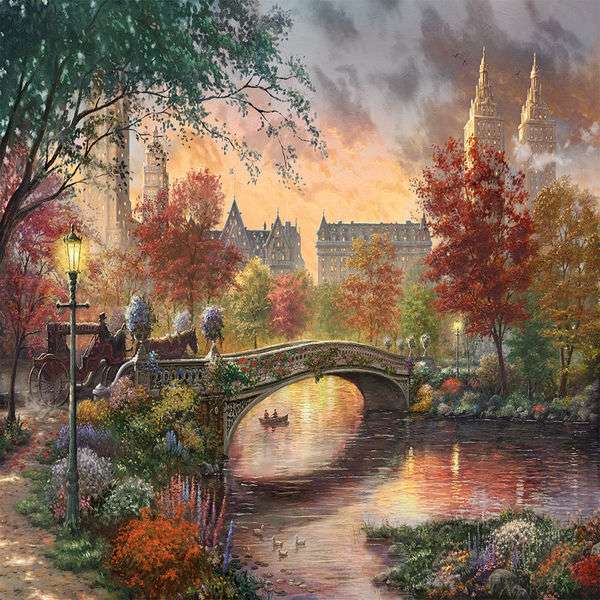 Ζωγραφική της πόλης του φθινοπώρου στον ποταμό με τη γέφυρα παζλ online